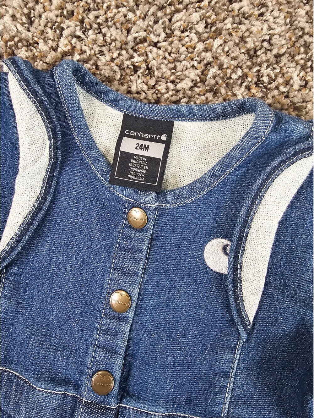 Carhartt denim-like coverall Baby Girls Sz 24m Blue Ruffled Shoulders - Picture 2 of 3